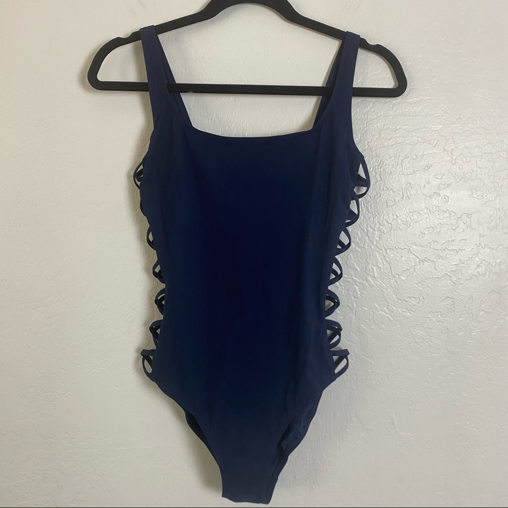 Tory Burch Lace Up Tank Navy One Piece Swimsuit M